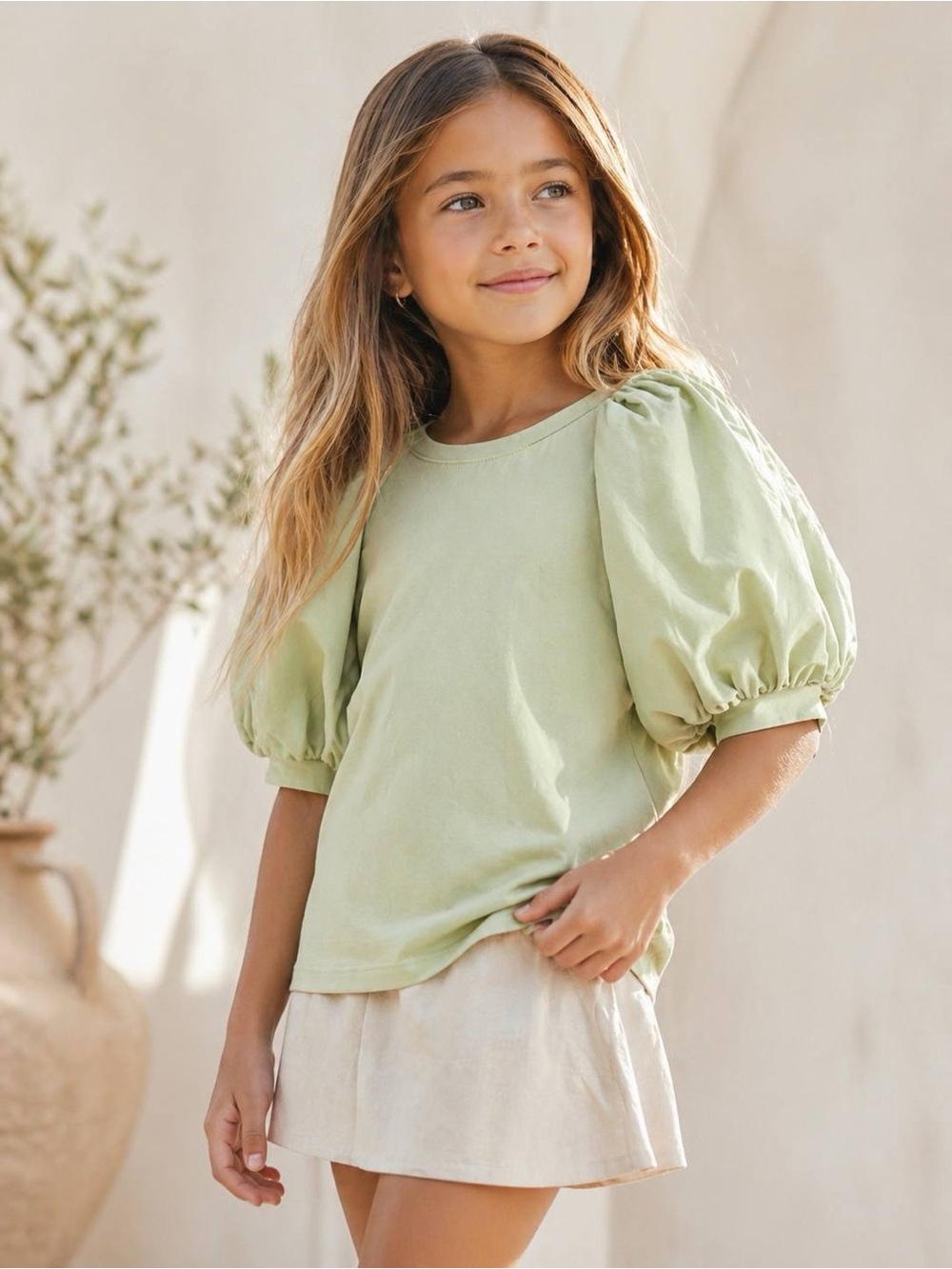 A Loves A Girls Light Green Puff Sleeve Cotton Top Size M 9-10 NWT